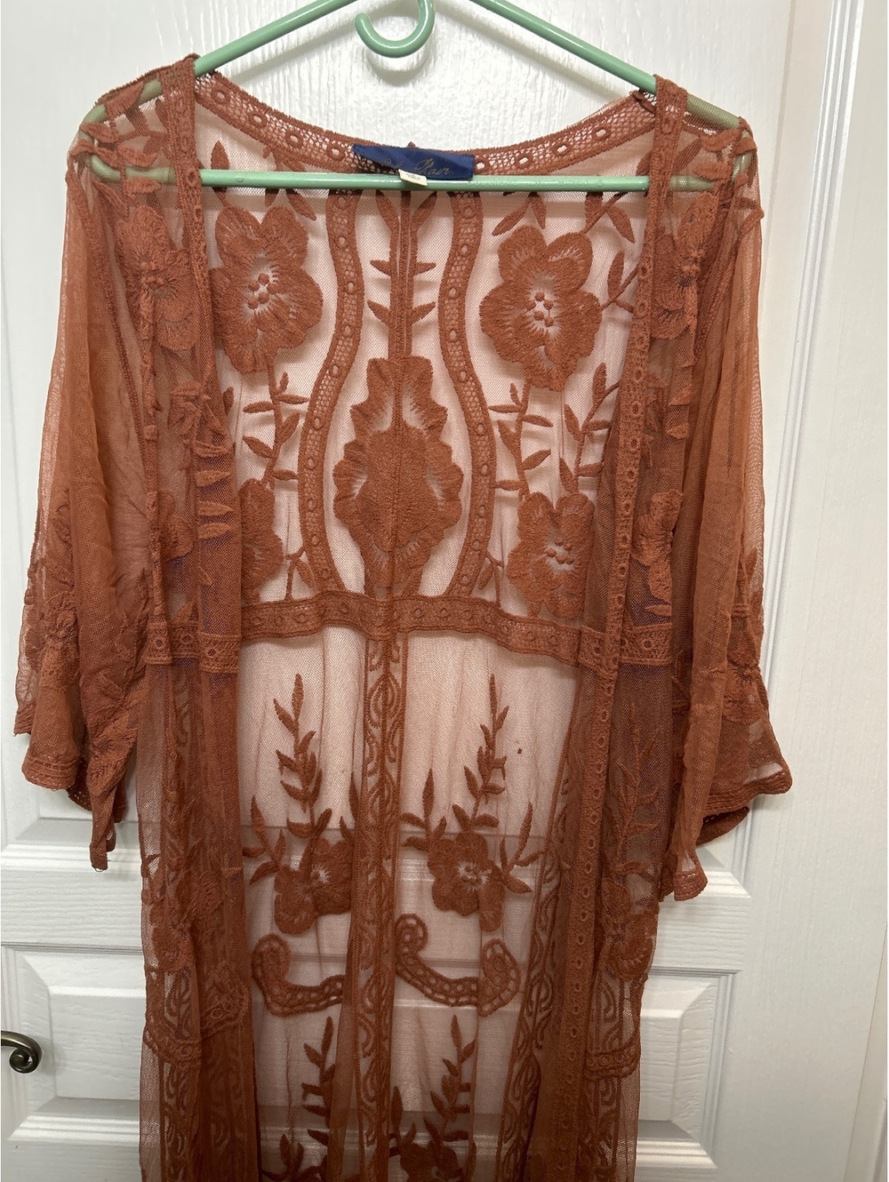 Blue Rain Sheer Embroidered Long Kimono Cardigan, Size Small